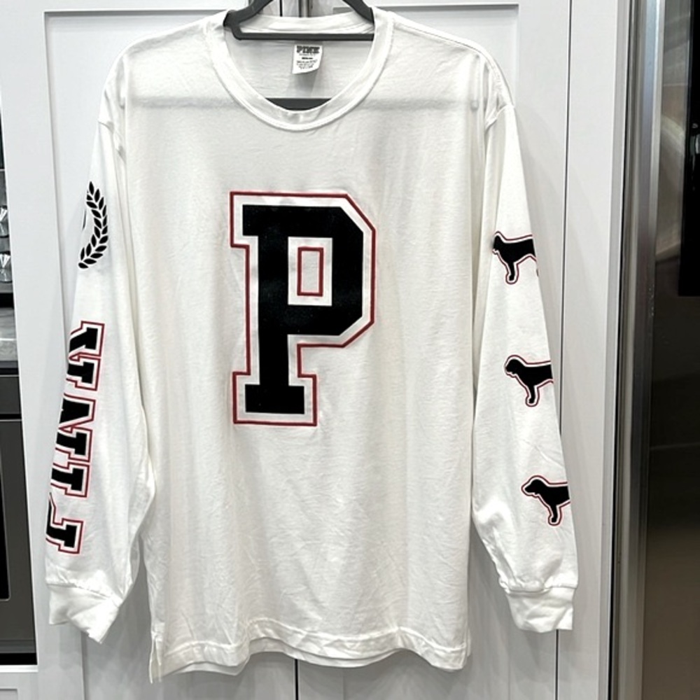 PINK Victoria’s Secret White PINK, Symbol, and Dog Logo Long Sleeve TShi…